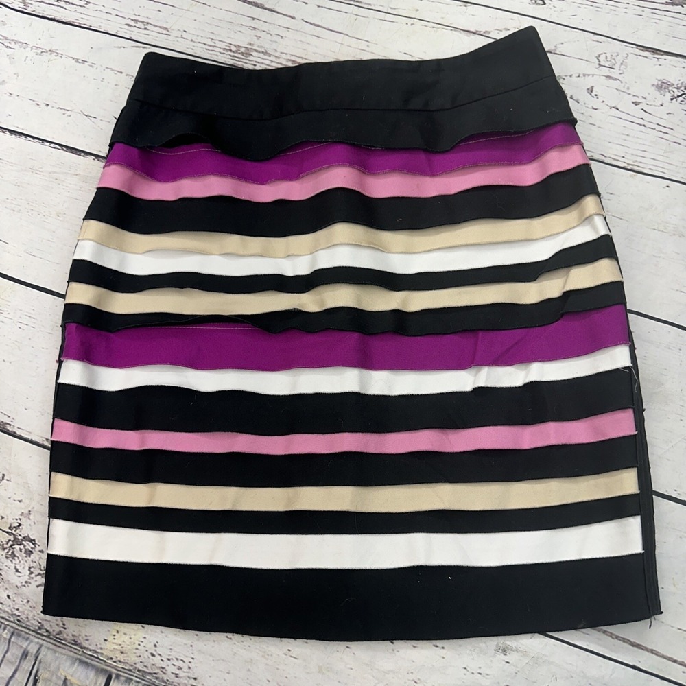 White House Black Market Stripe Ruffle Skirt Womens Size 2 Black Pink Purple Tan